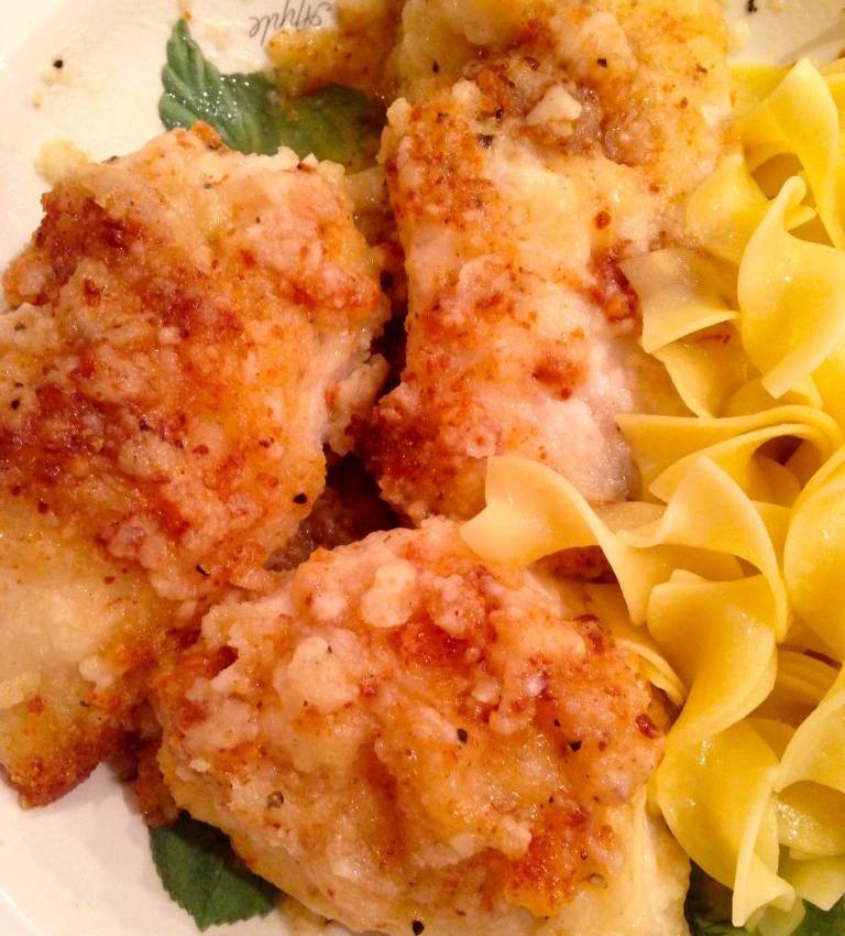 Parmesan Chicken over Egg Noodles