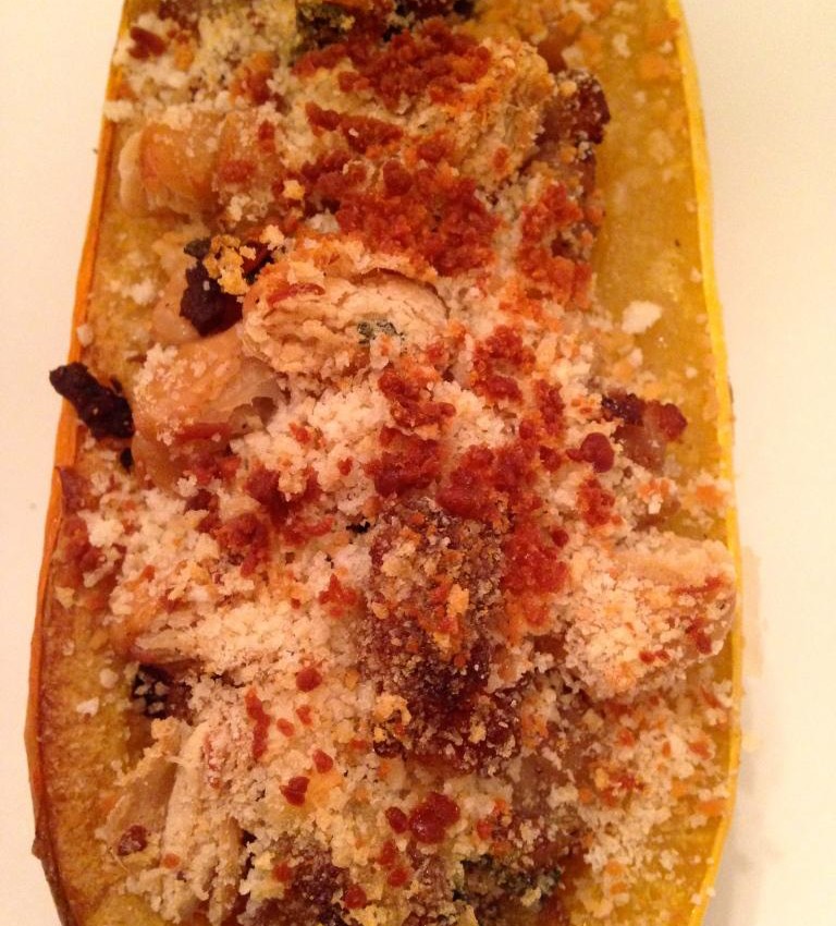 Delicata Squash Stuffed with Sausage, Sage, Shallots, White Beans & Parmesan