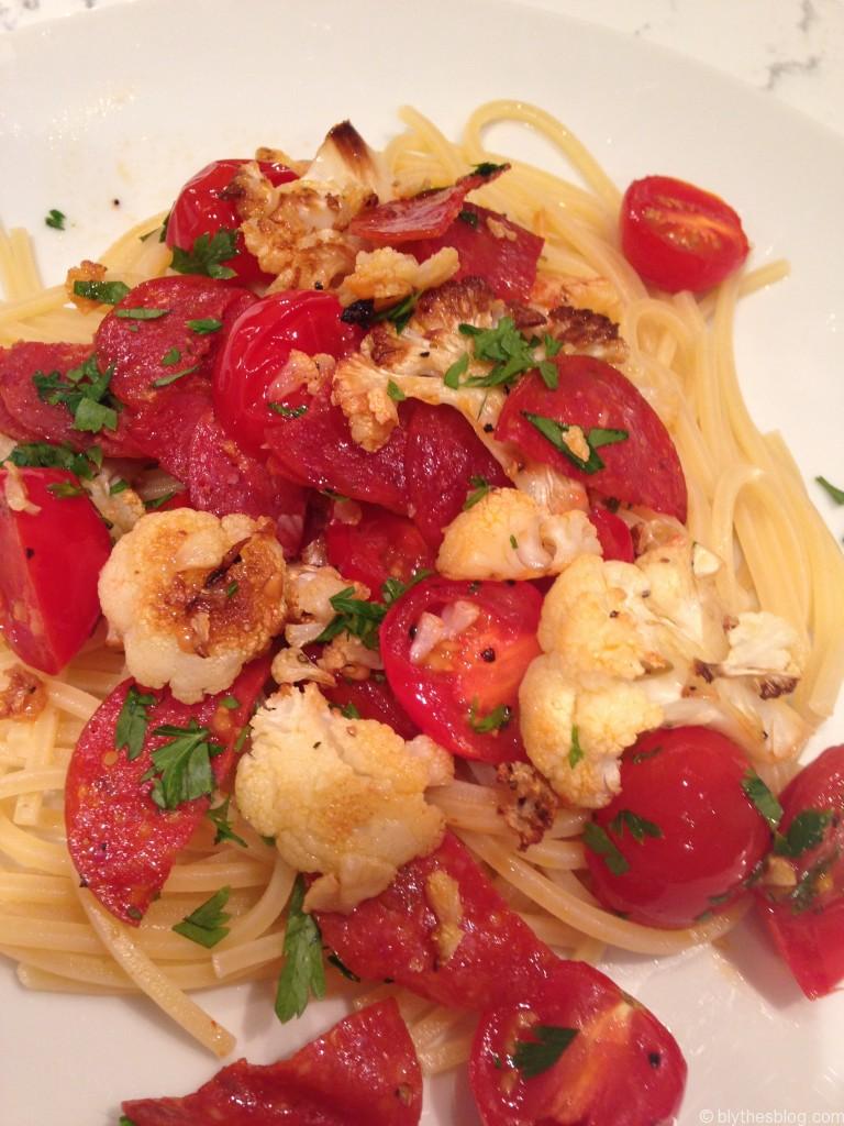 Roasted Cauliflower, Tomatoes, and Pepperoni Pasta