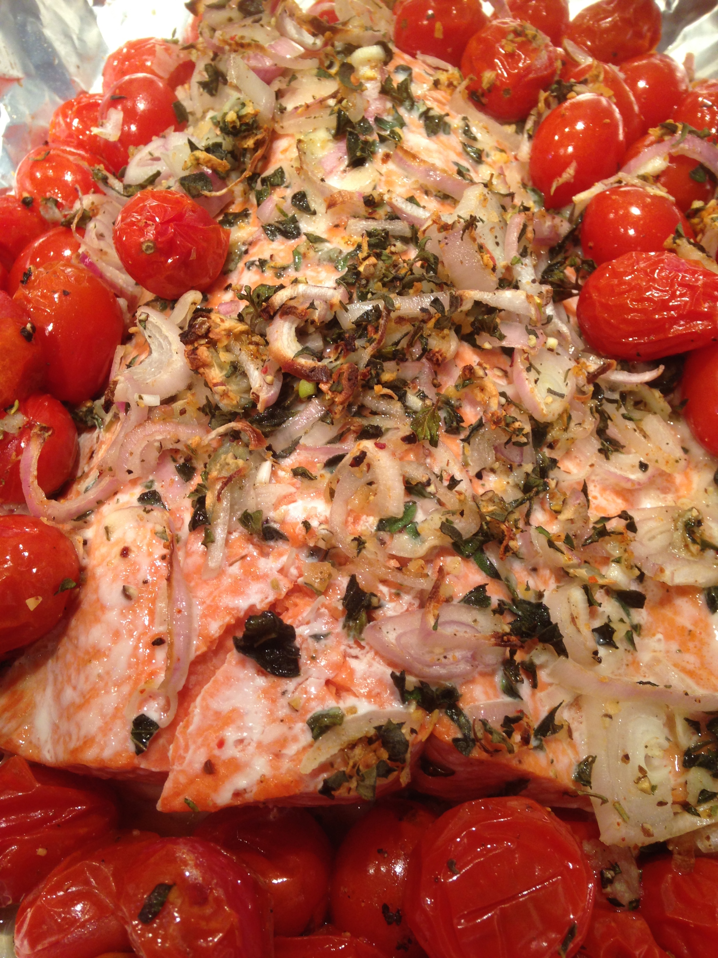 Salmon with Roasted Grape Tomatoes & Shallots