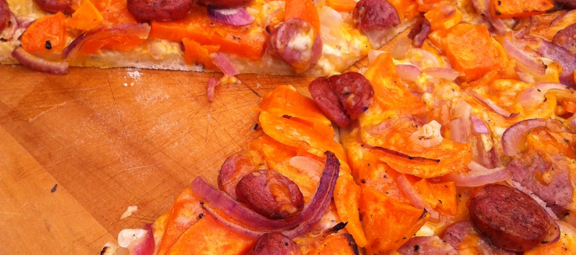 Sweet Potato, Kielbasa, and Red Onion Pizza