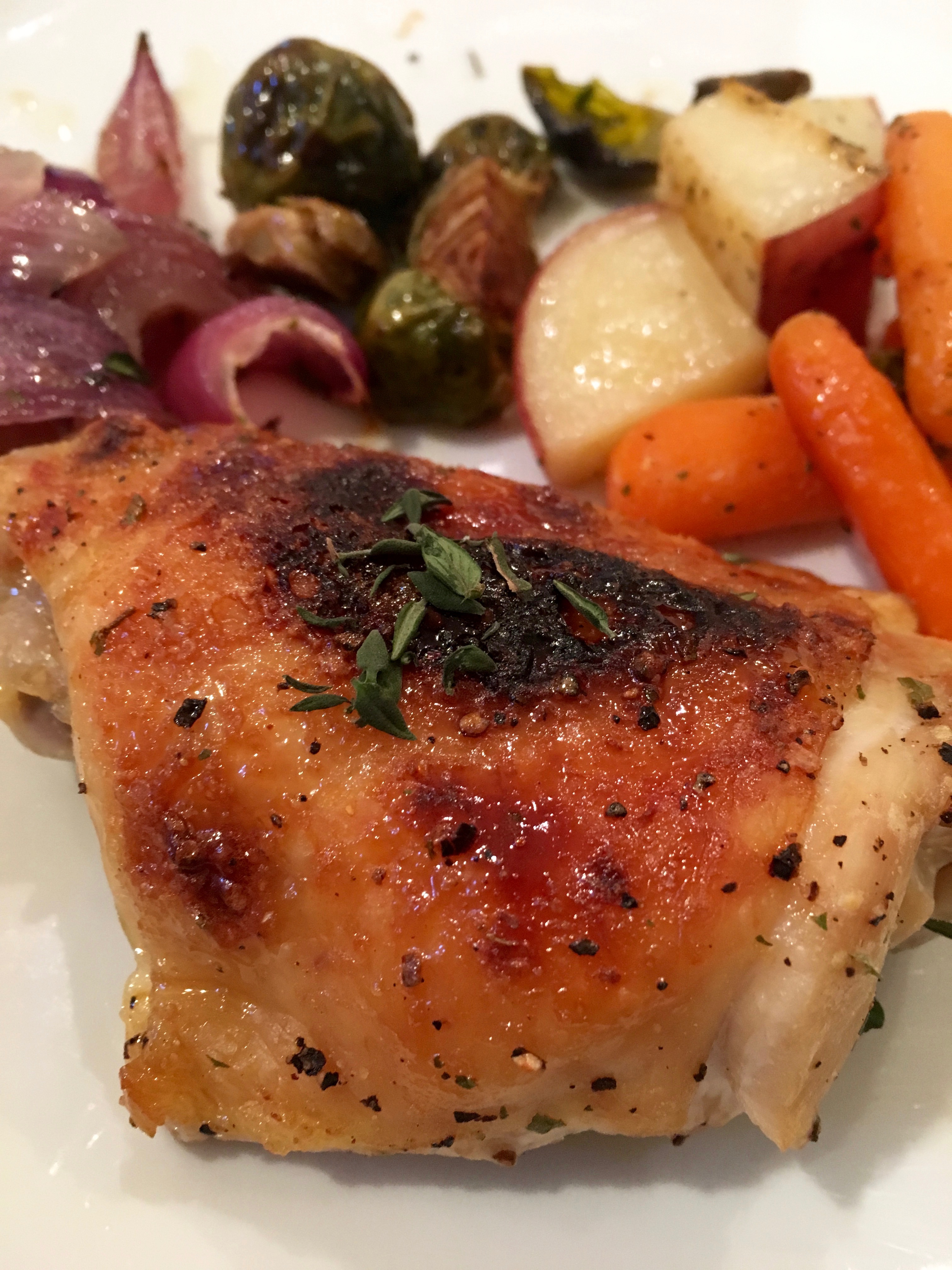 Roasted Chicken with Potatoes, Carrots, Brussels Sprouts & Red Onions