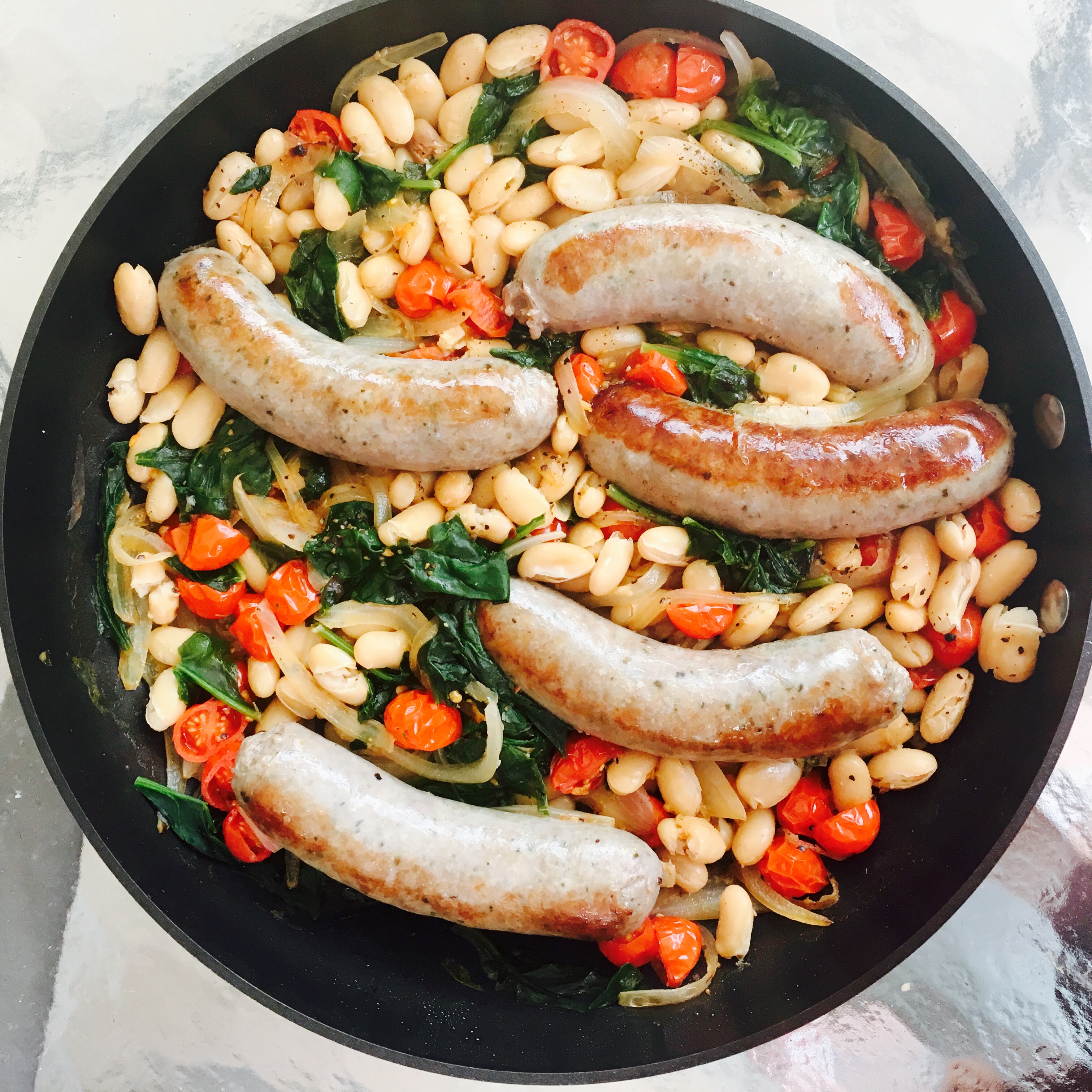 Sausages with Spinach, Cannellini Beans & Tomatoes