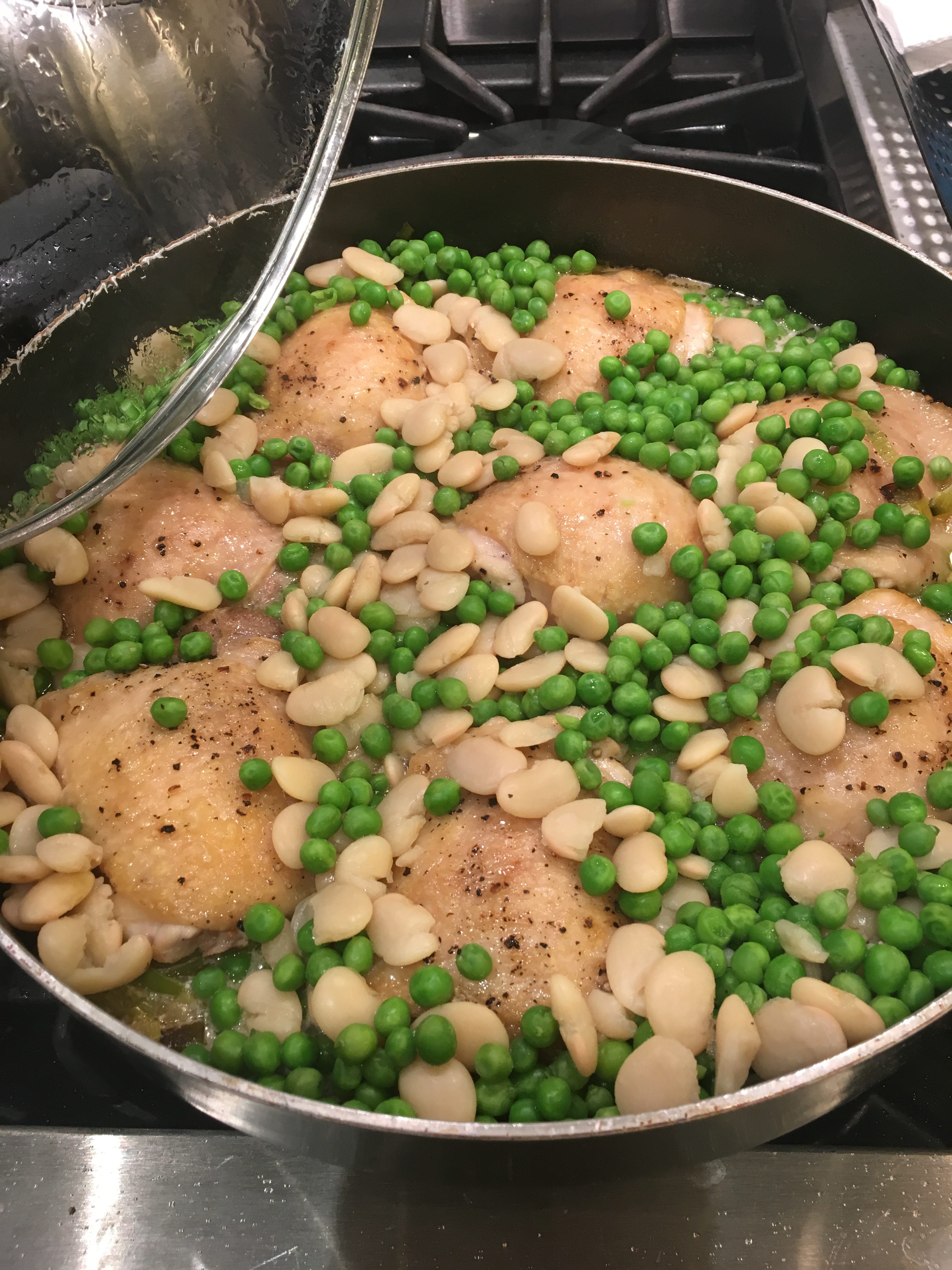 Braised Chicken with Leeks, Peas, and Butter Beans