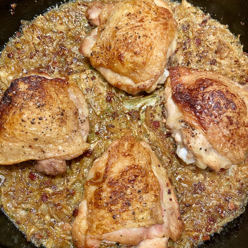 Crispy Braised Chicken Thighs With Cabbage and Bacon - Blythes Blog